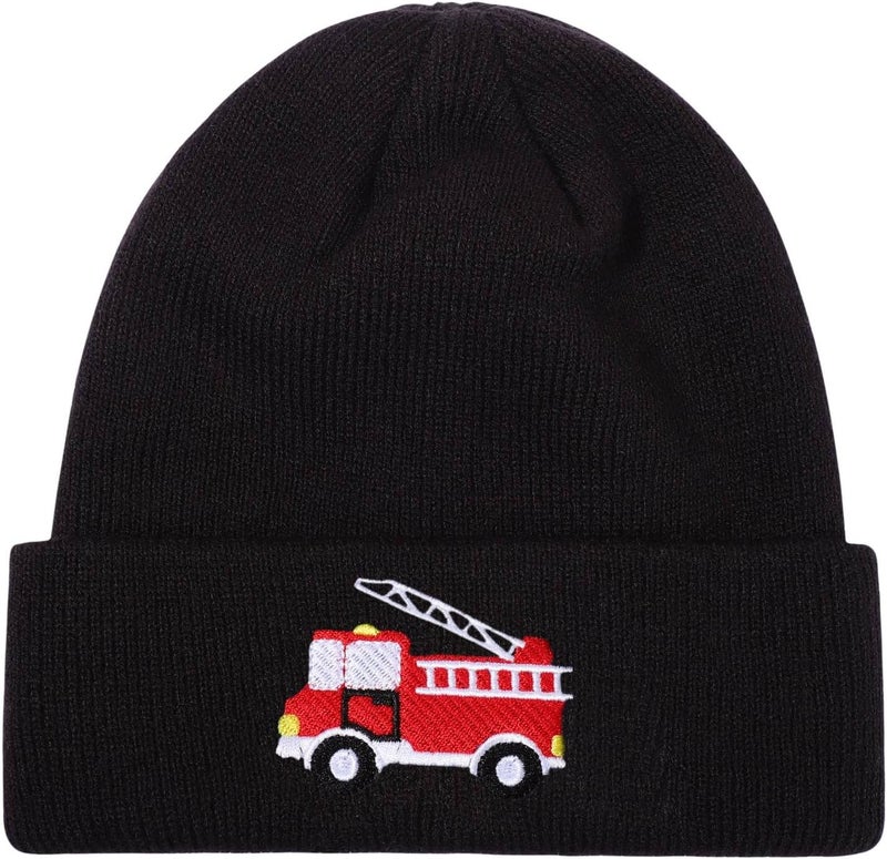 KDVOG Store Kids Knit Beanie Cute Fire Trucks Embroidery Warm Cuffed Skull Caps Classic Autumn Winter Hats for Boys Girls 3-8 Years - Image 1